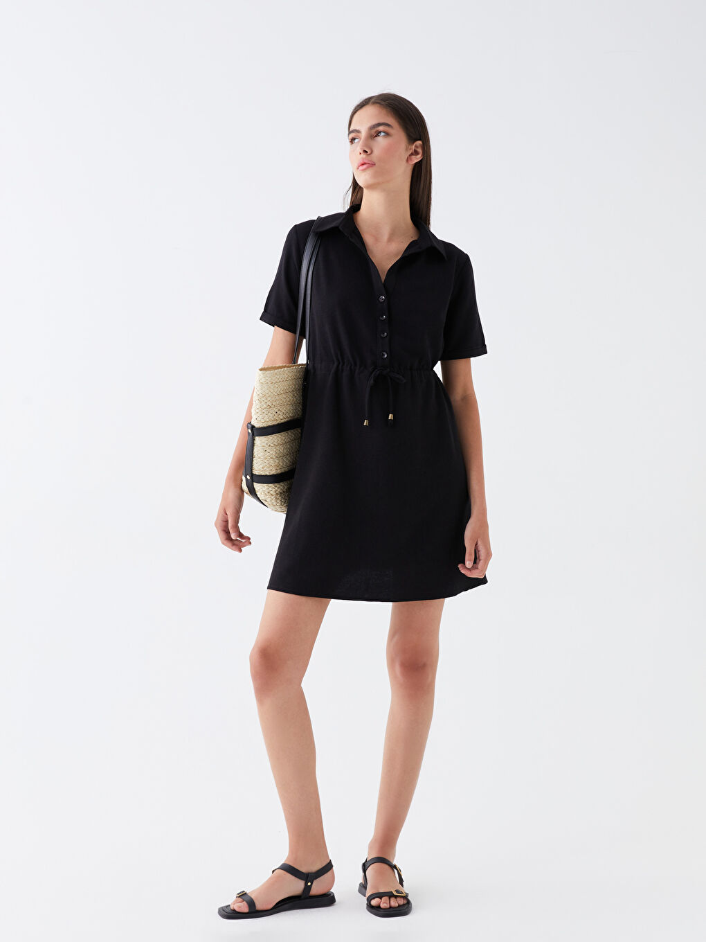 Siyah Gömlek Yaka Kadın Elbise