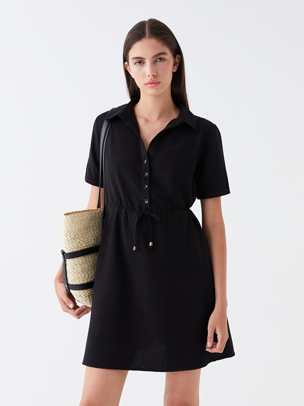 Siyah Gömlek Yaka Kadın Elbise-1