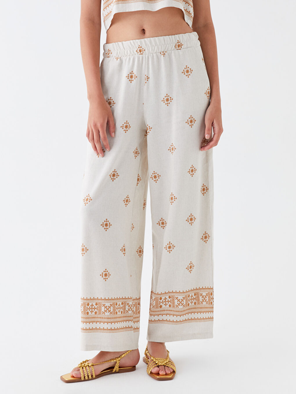 Kahverengi Beli Lastikli Desenli Kadın Pantolon-2