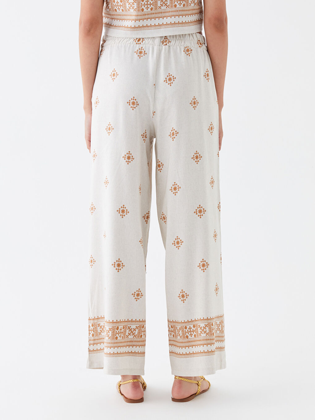 Kahverengi Beli Lastikli Desenli Kadın Pantolon-3