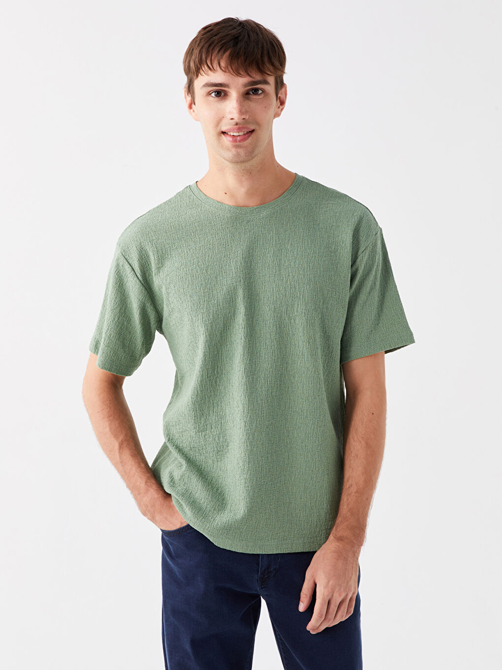 Yeşil Bisiklet Yaka Kısa Kollu Erkek Dokulu Tişört-1