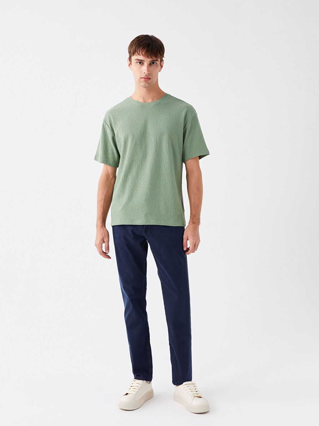 Yeşil Bisiklet Yaka Kısa Kollu Erkek Dokulu Tişört-2