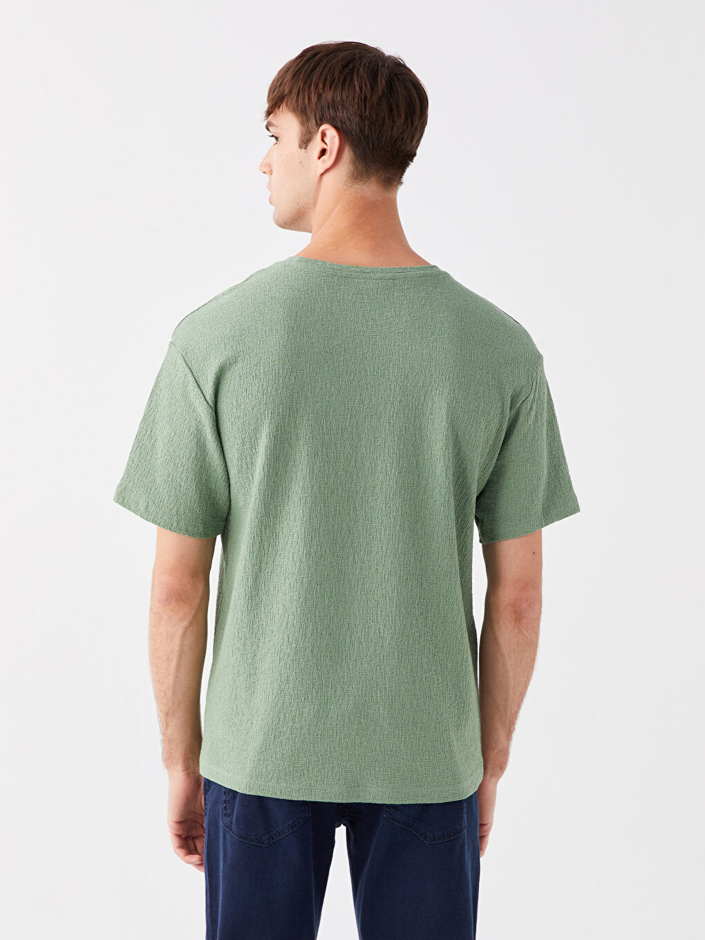 Yeşil Bisiklet Yaka Kısa Kollu Erkek Dokulu Tişört-4