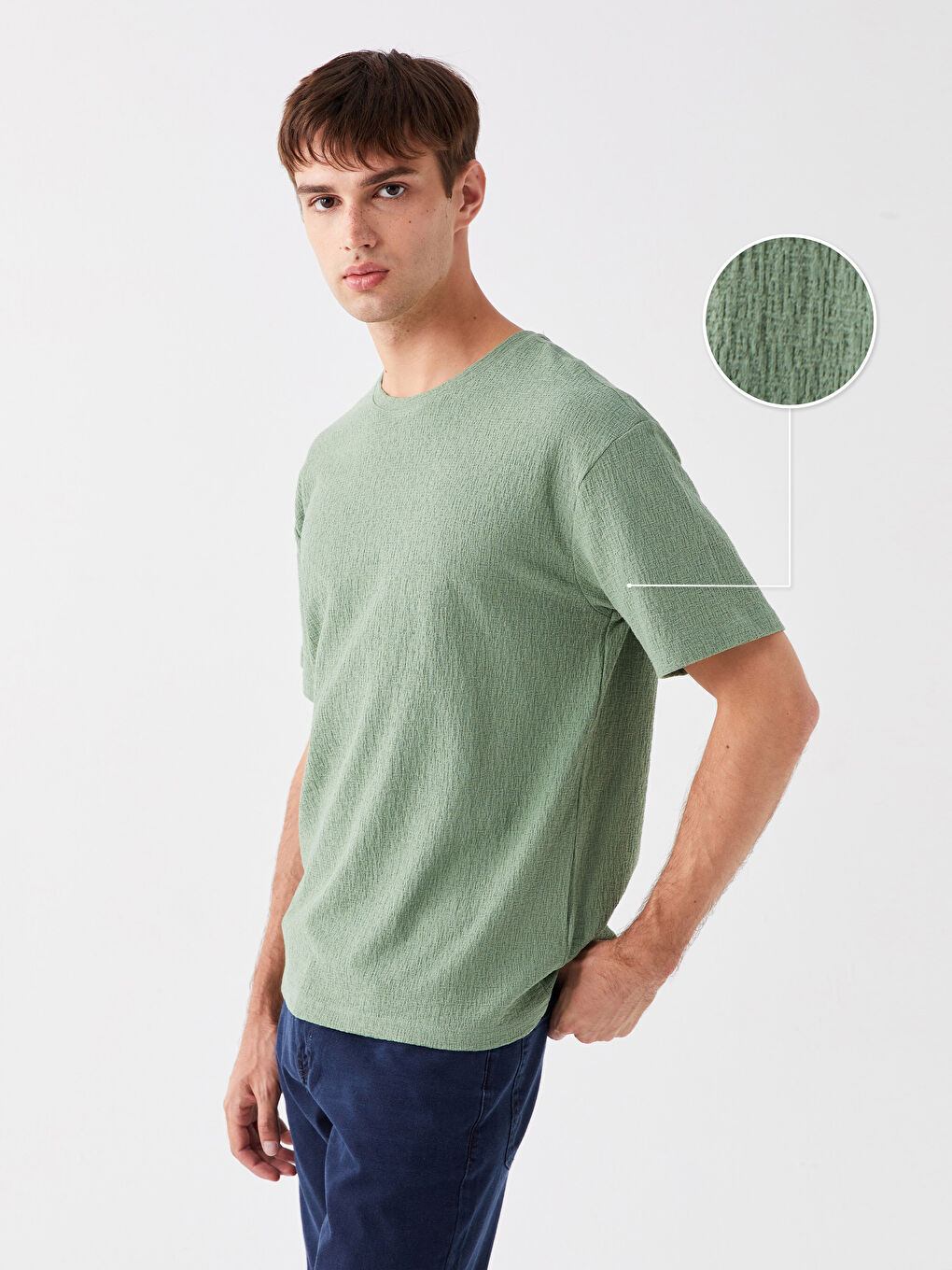 Yeşil Bisiklet Yaka Kısa Kollu Erkek Dokulu Tişört