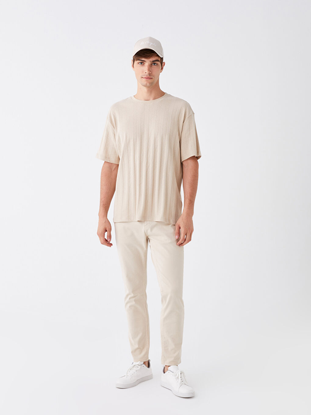 Bej Bisiklet Yaka Kısa Kollu Erkek Tişört-2