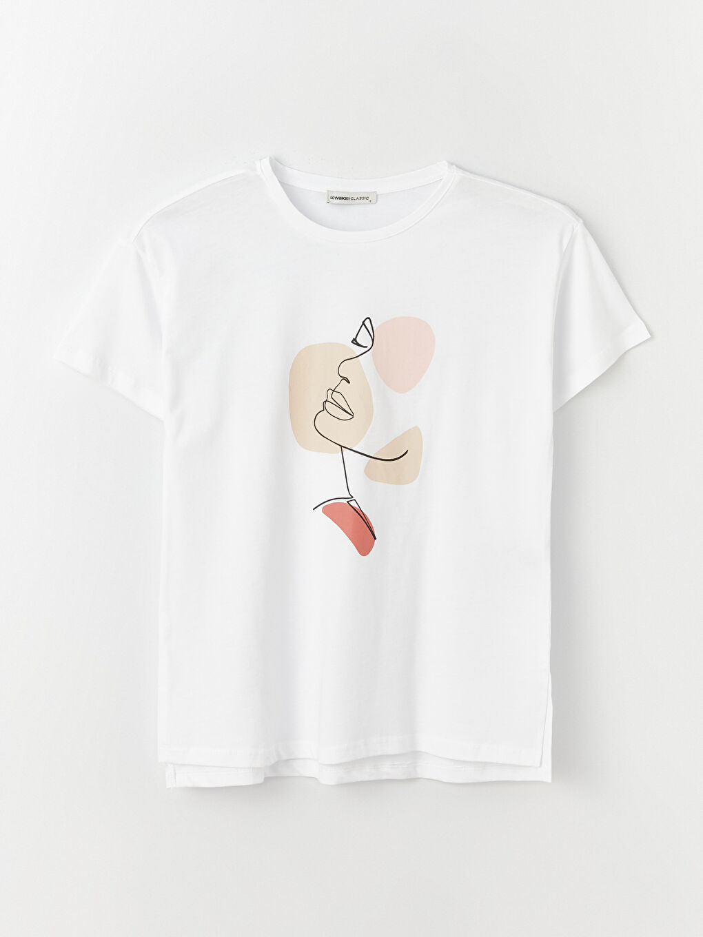 Ekru Bisiklet Yaka Baskılı Kısa Kollu Kadın Tişört-5