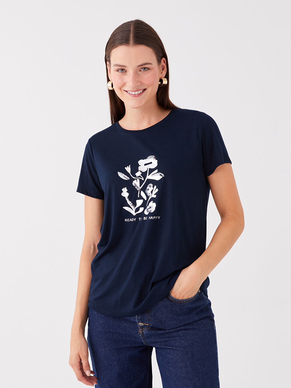 მრგვალი საყელო ნაბეჭდი მოკლე სახელო ქალებისთვის მაისური-1