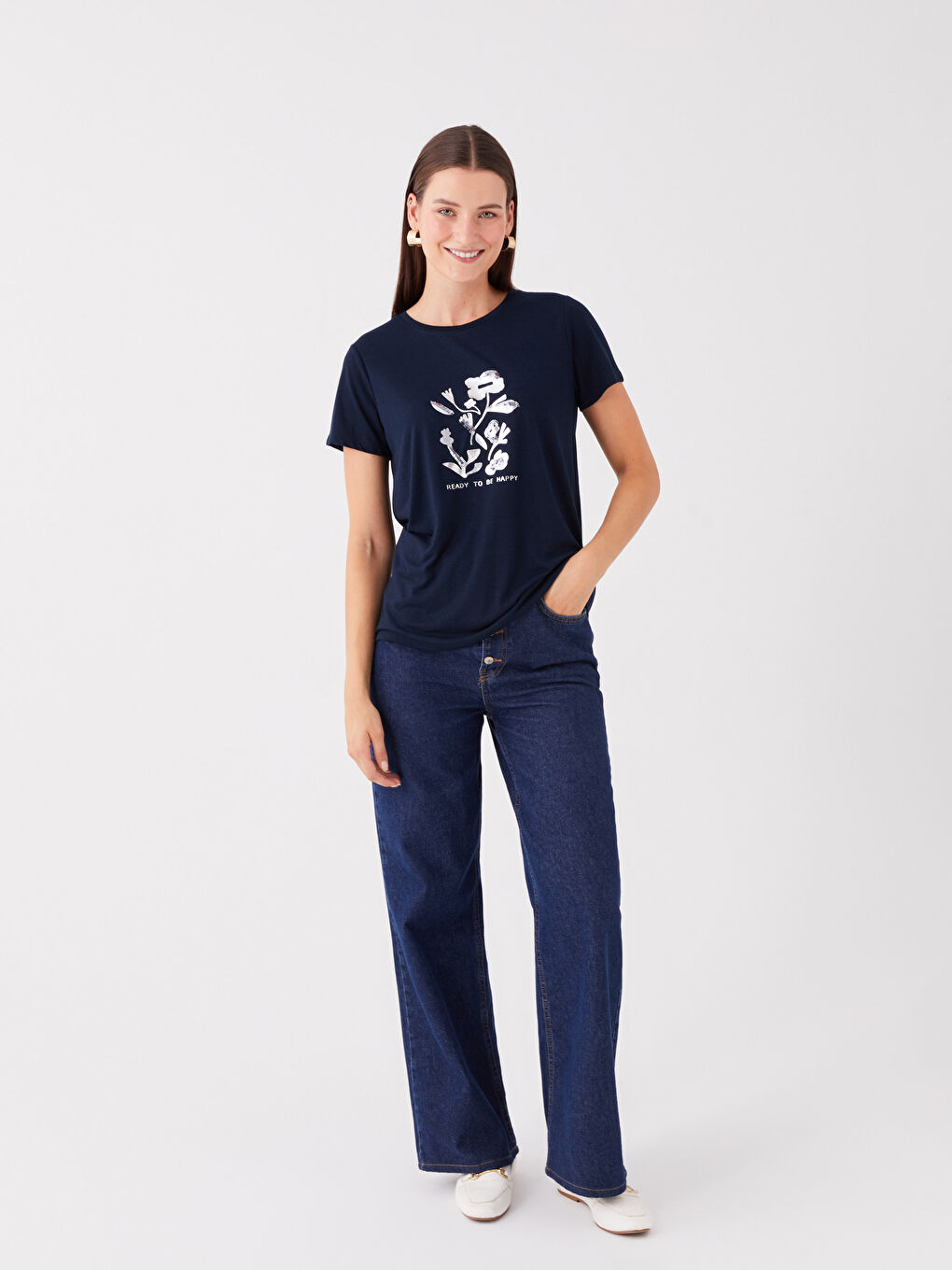 მრგვალი საყელო ნაბეჭდი მოკლე სახელო ქალებისთვის მაისური-2