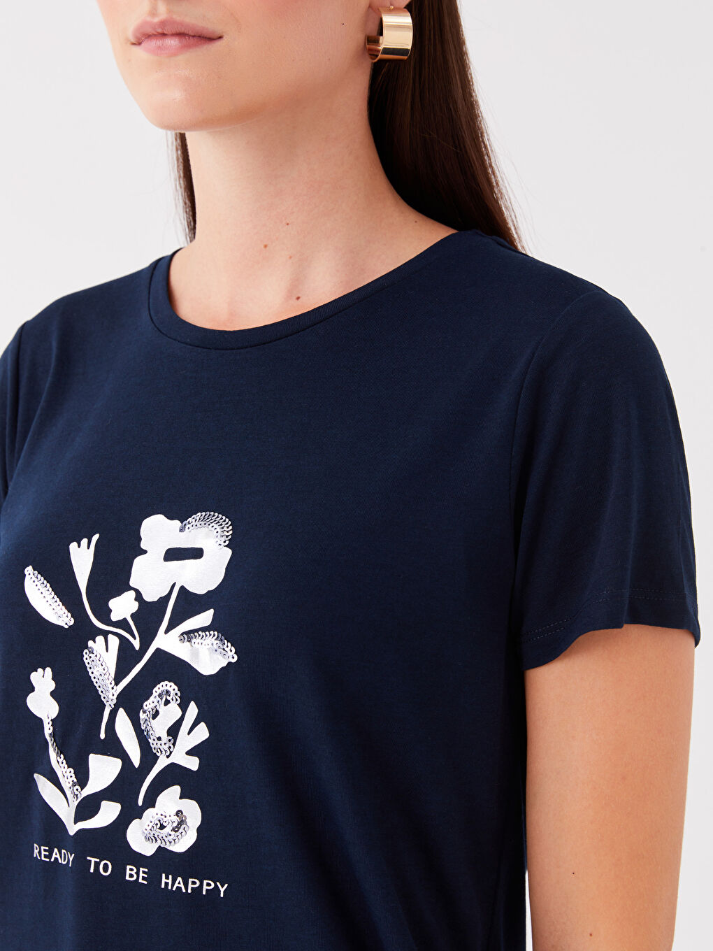 მრგვალი საყელო ნაბეჭდი მოკლე სახელო ქალებისთვის მაისური-3