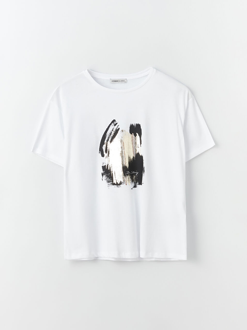 Ekru Bisiklet Yaka Baskılı Kısa Kollu Kadın Tişört-5