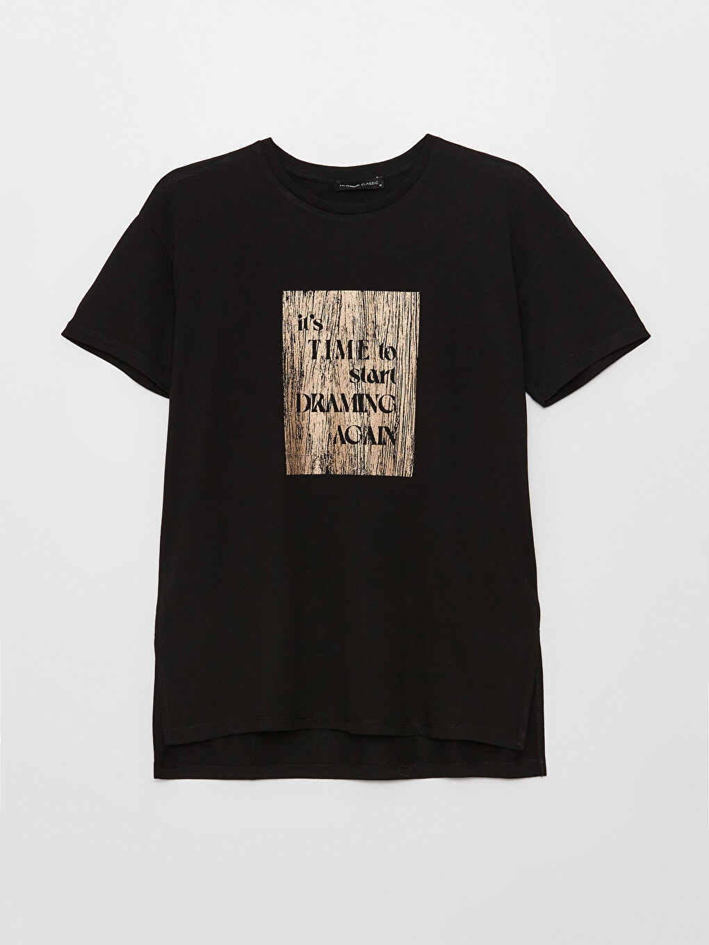 Siyah Bisiklet Yaka Baskılı Kısa Kollu Kadın Tişört-5