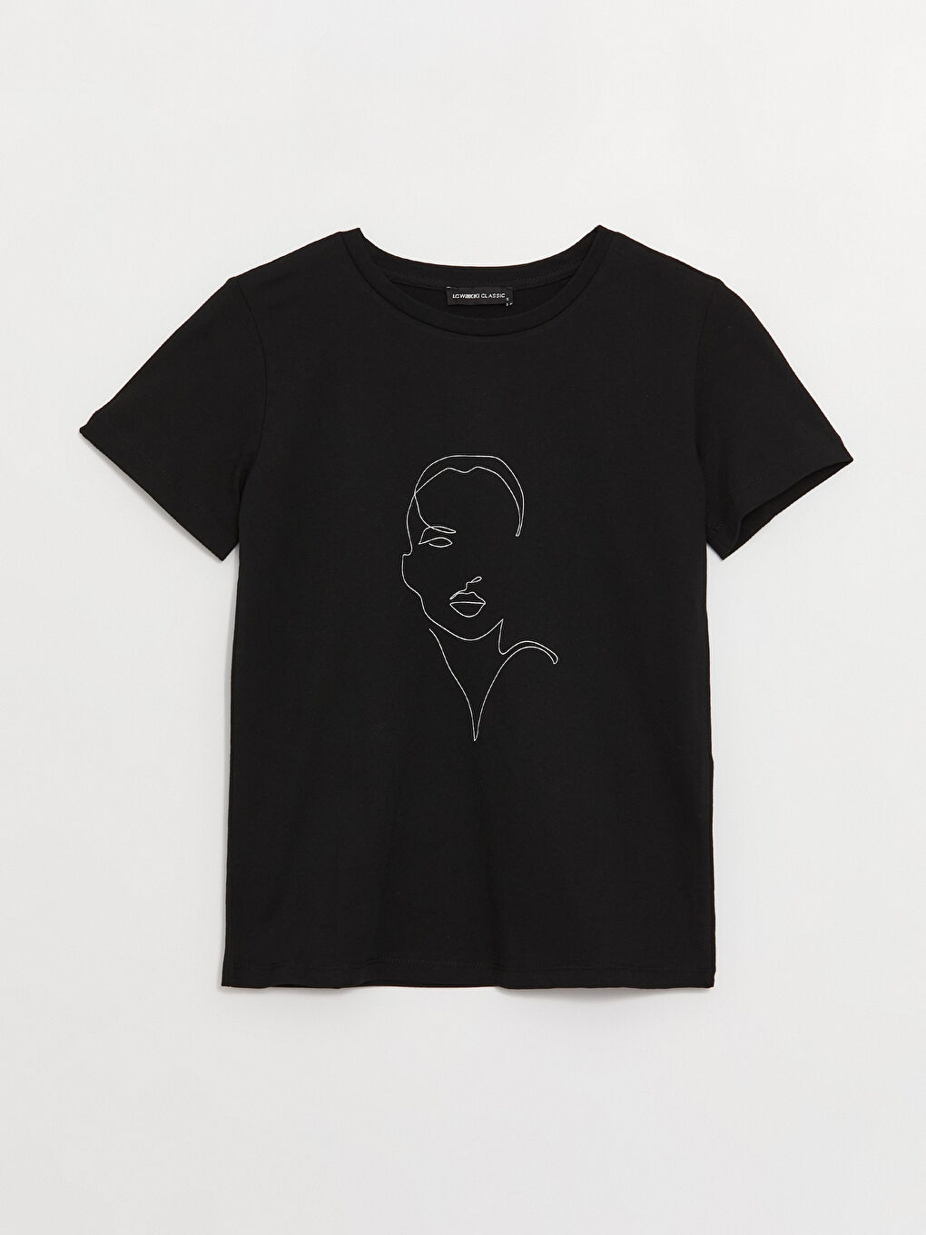 Siyah Bisiklet Yaka Baskılı Kısa Kollu Kadın Tişört-5