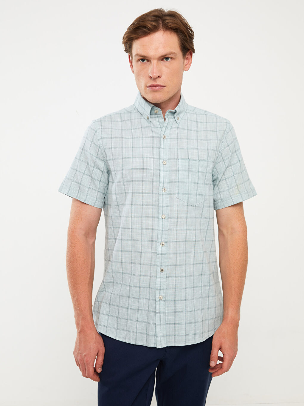 Cămașă pentru Bărbați cu Mânecă Scurtă, Croială Regulară, Model Carouri