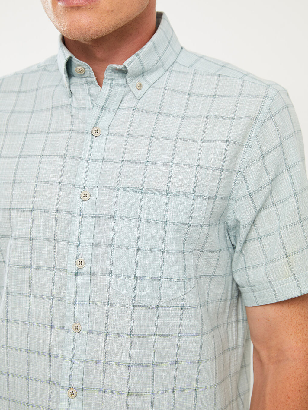 Cămașă pentru Bărbați cu Mânecă Scurtă, Croială Regulară, Model Carouri-3