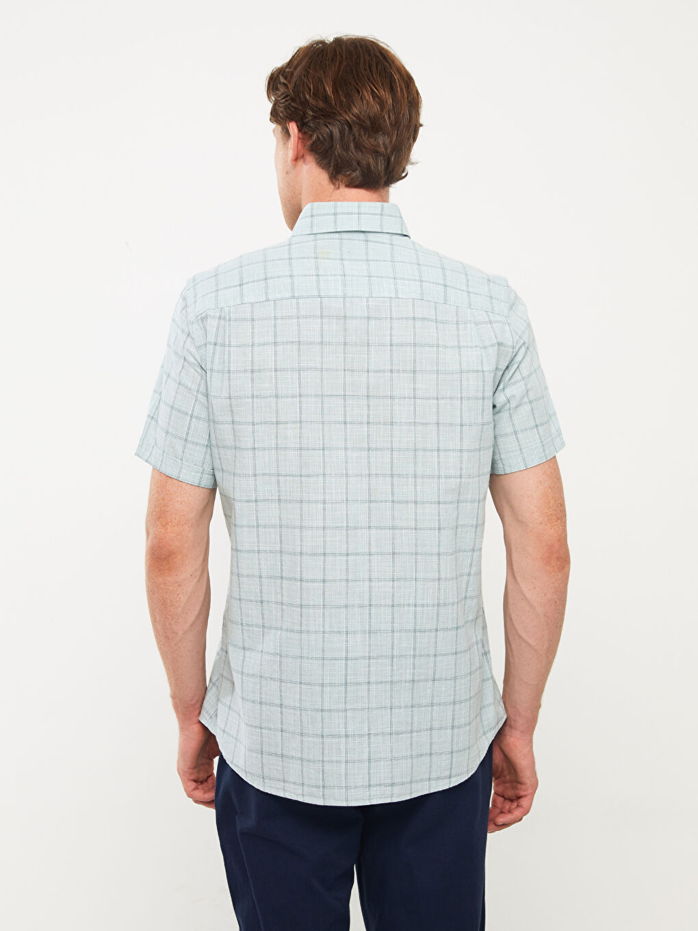 Cămașă pentru Bărbați cu Mânecă Scurtă, Croială Regulară, Model Carouri-4