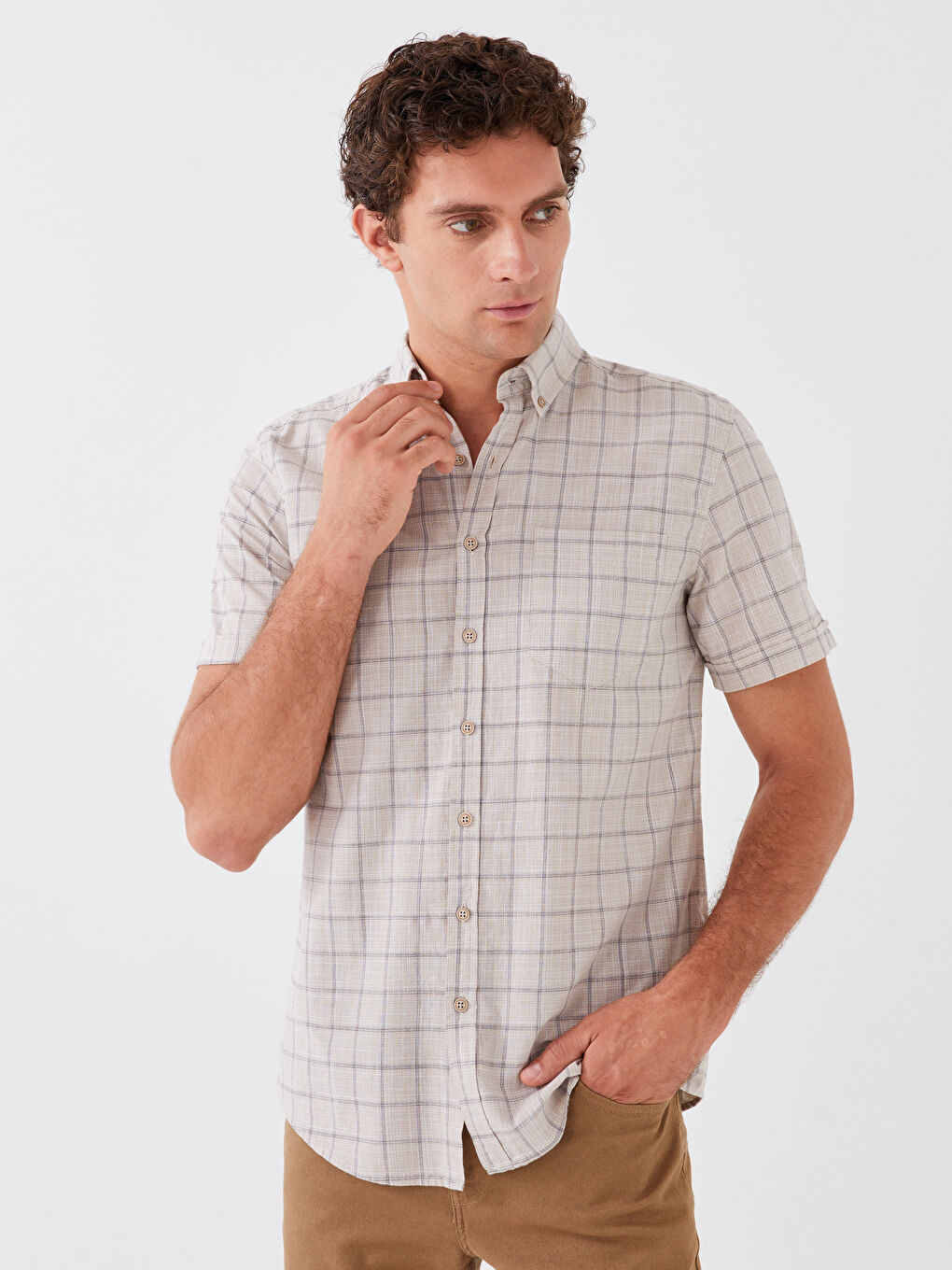 Bej Regular Fit Kısa Kollu Ekose Erkek Gömlek