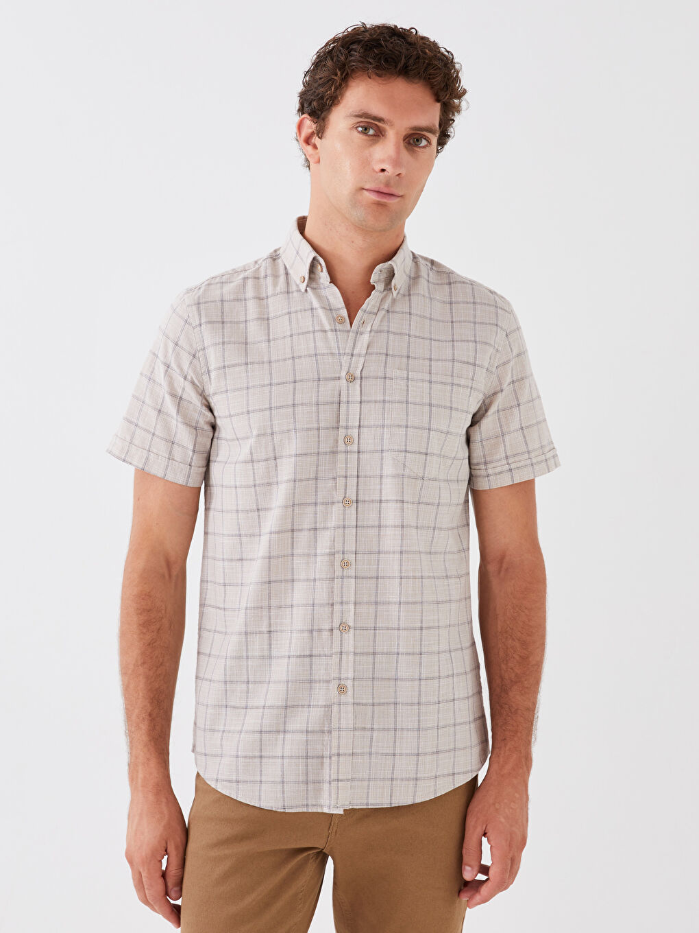 Bej Regular Fit Kısa Kollu Ekose Erkek Gömlek-1
