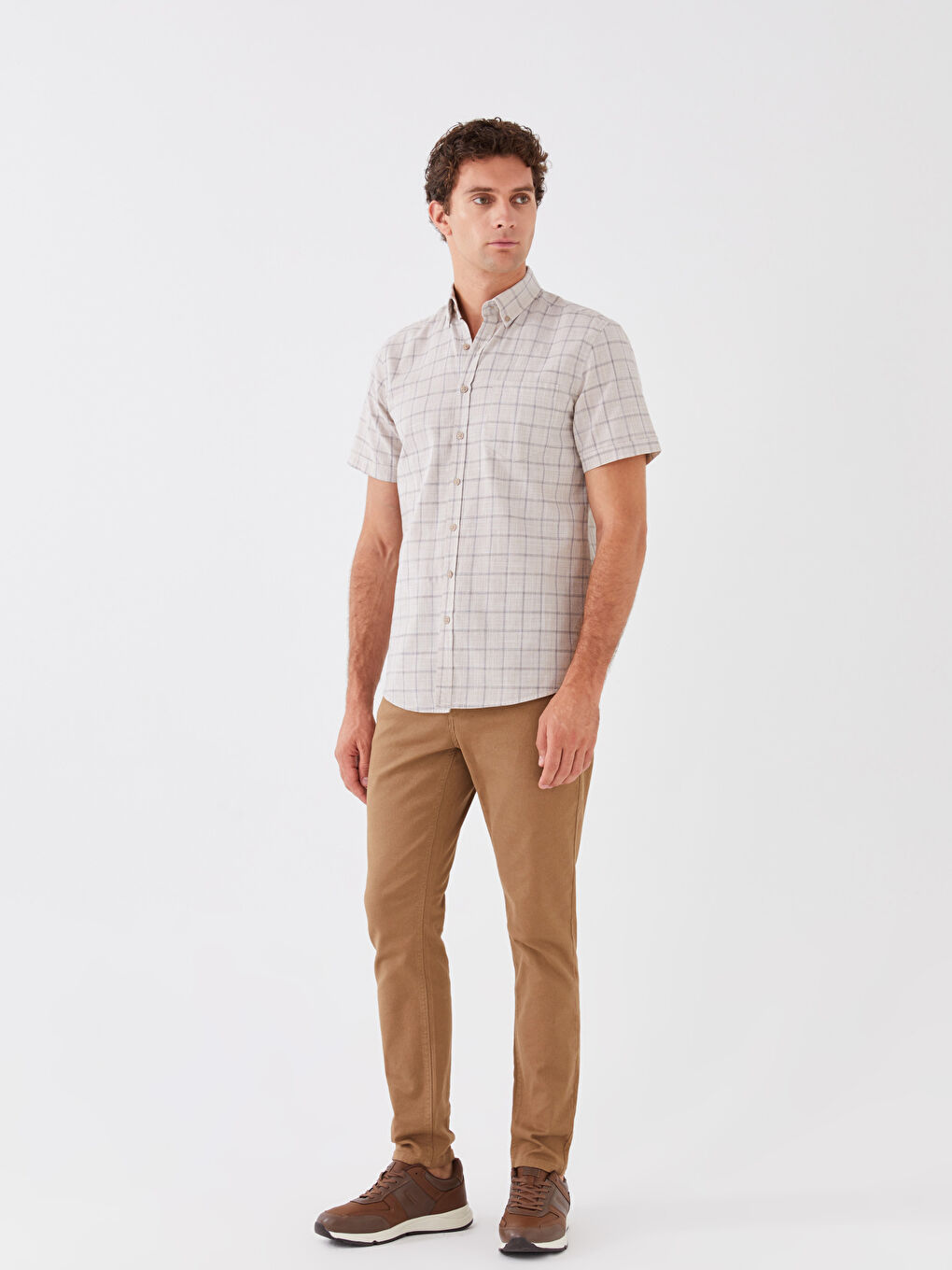 Bej Regular Fit Kısa Kollu Ekose Erkek Gömlek-2