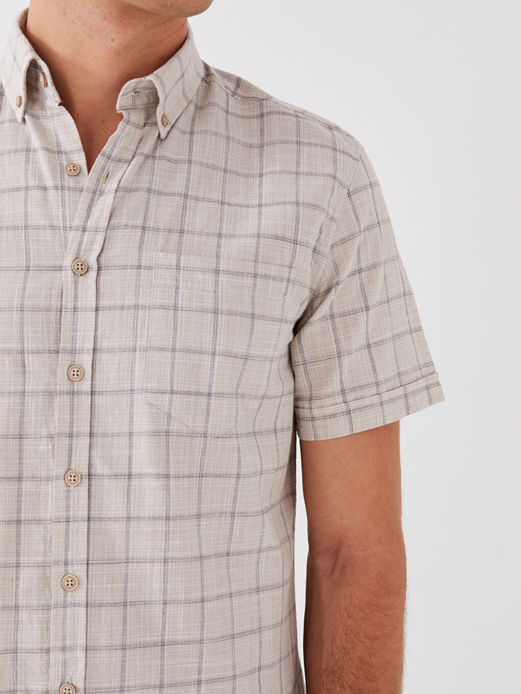 Bej Regular Fit Kısa Kollu Ekose Erkek Gömlek-3