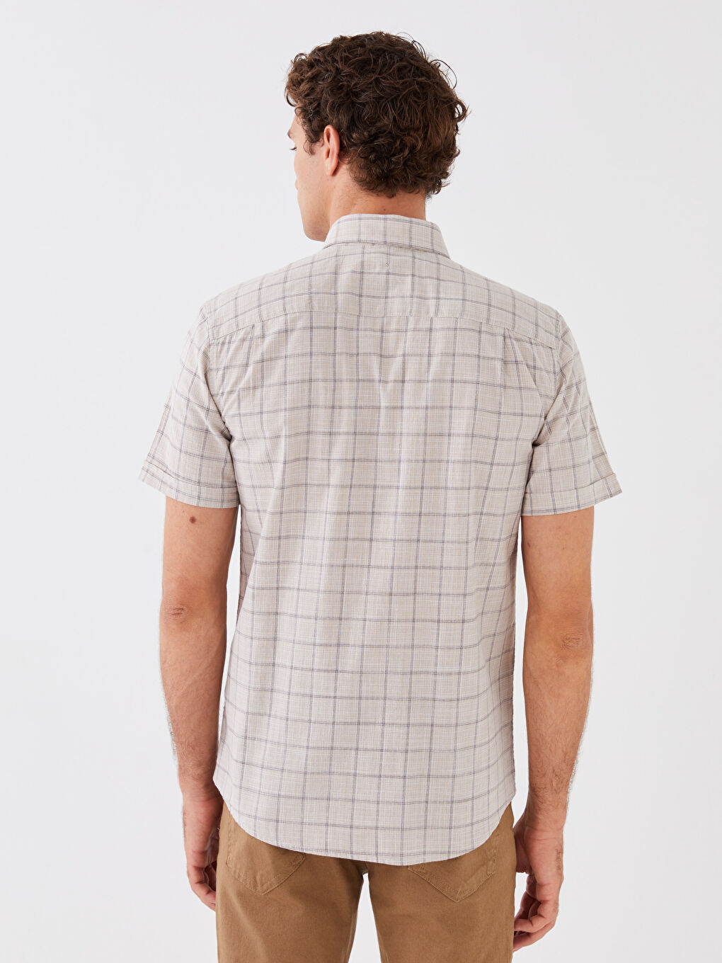 Bej Regular Fit Kısa Kollu Ekose Erkek Gömlek-4