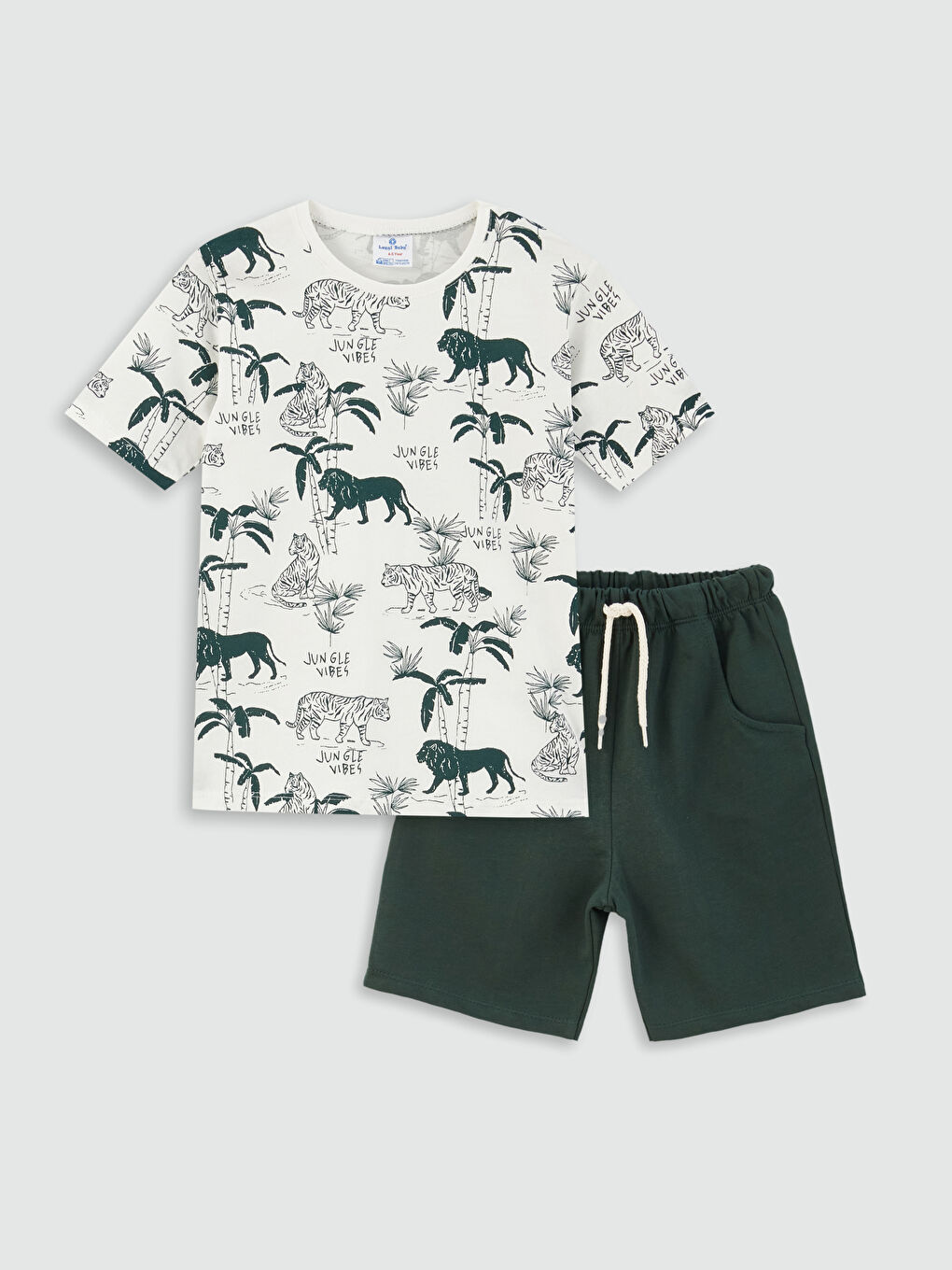 Haki Bisiklet Yaka Baskılı Erkek Bebek Tişört ve Şort 2'li Takım