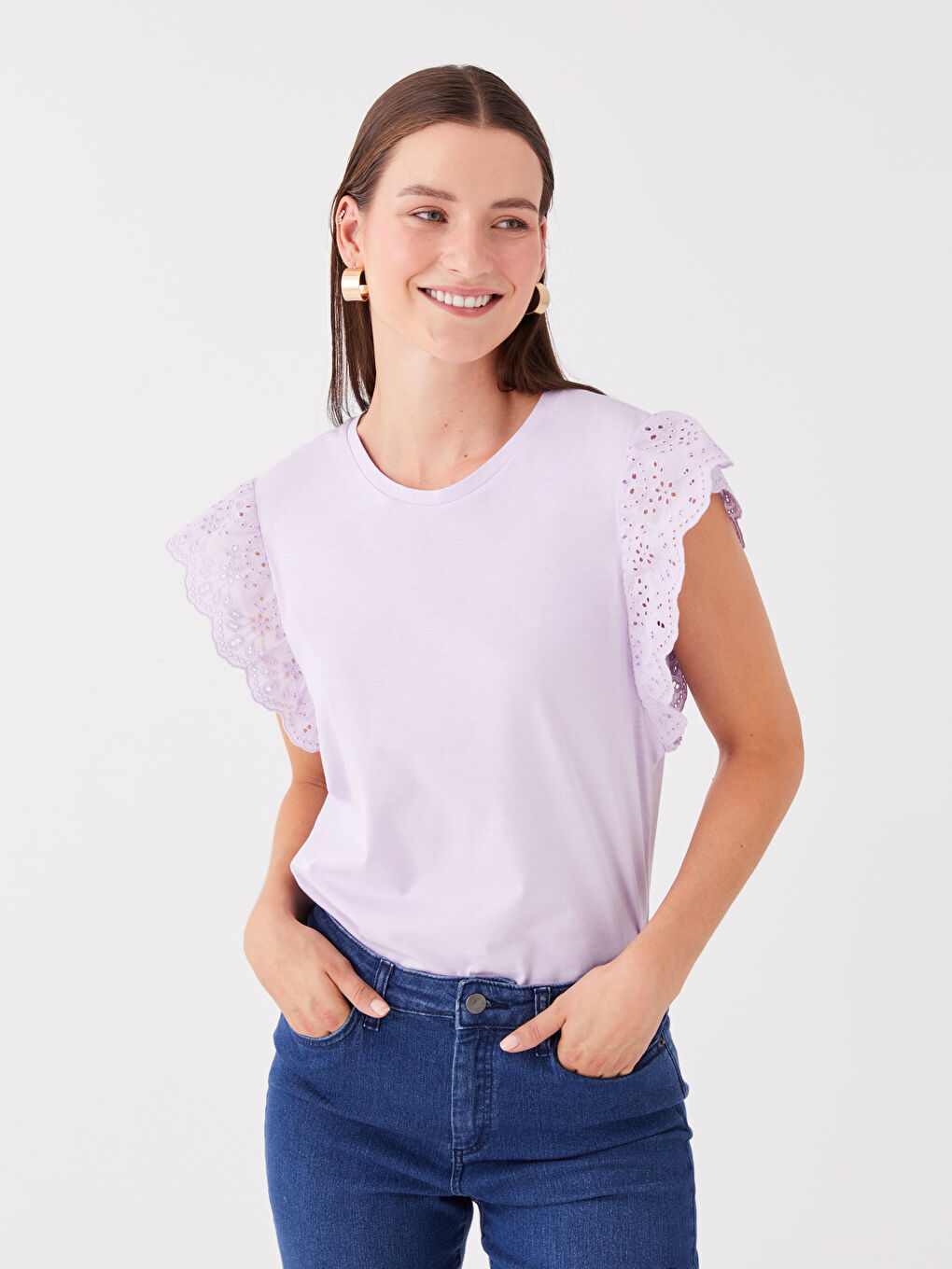 Lila Bisiklet Yaka Düz Kısa Kollu Kadın Bluz