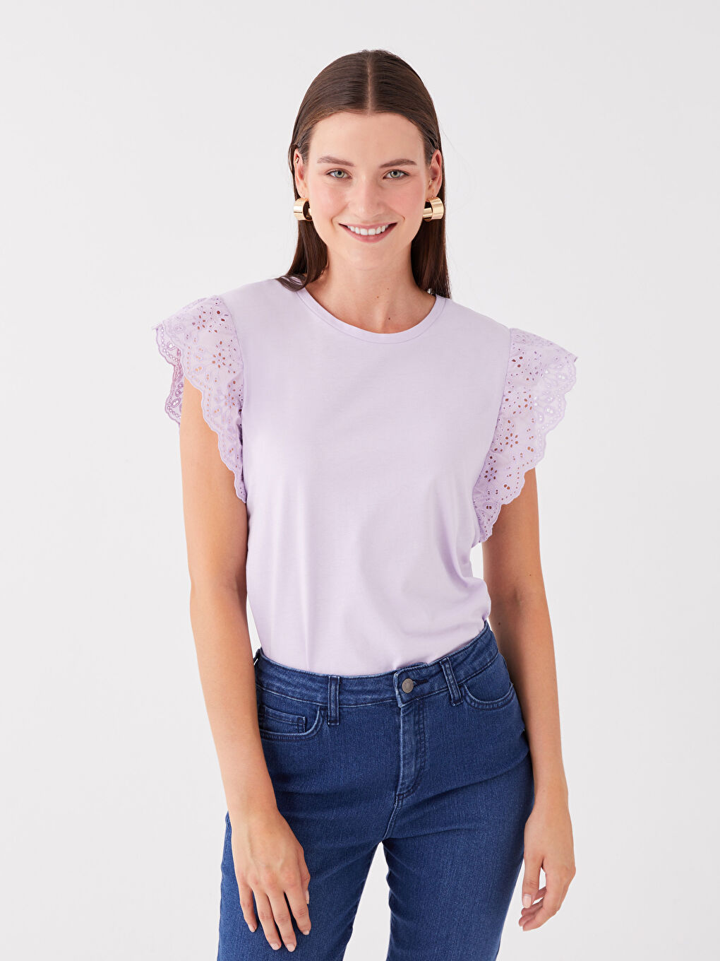 Lila Bisiklet Yaka Düz Kısa Kollu Kadın Bluz-1