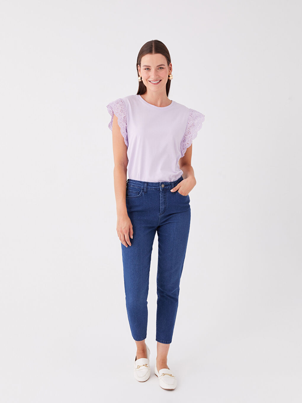 Lila Bisiklet Yaka Düz Kısa Kollu Kadın Bluz-2