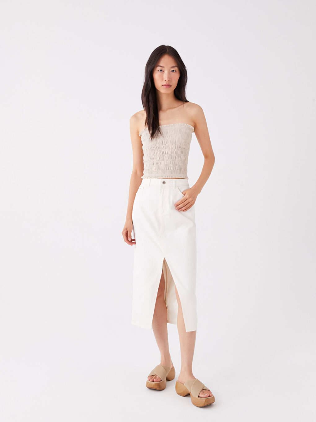 Bej Straplez Düz Crop Kadın Bluz-2