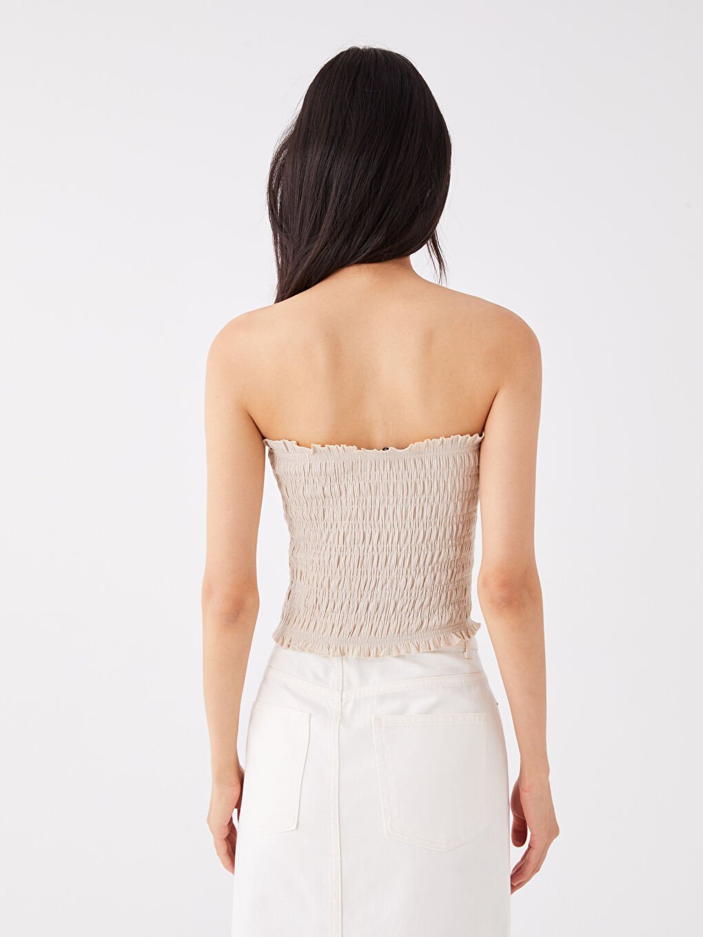 Bej Straplez Düz Crop Kadın Bluz-4