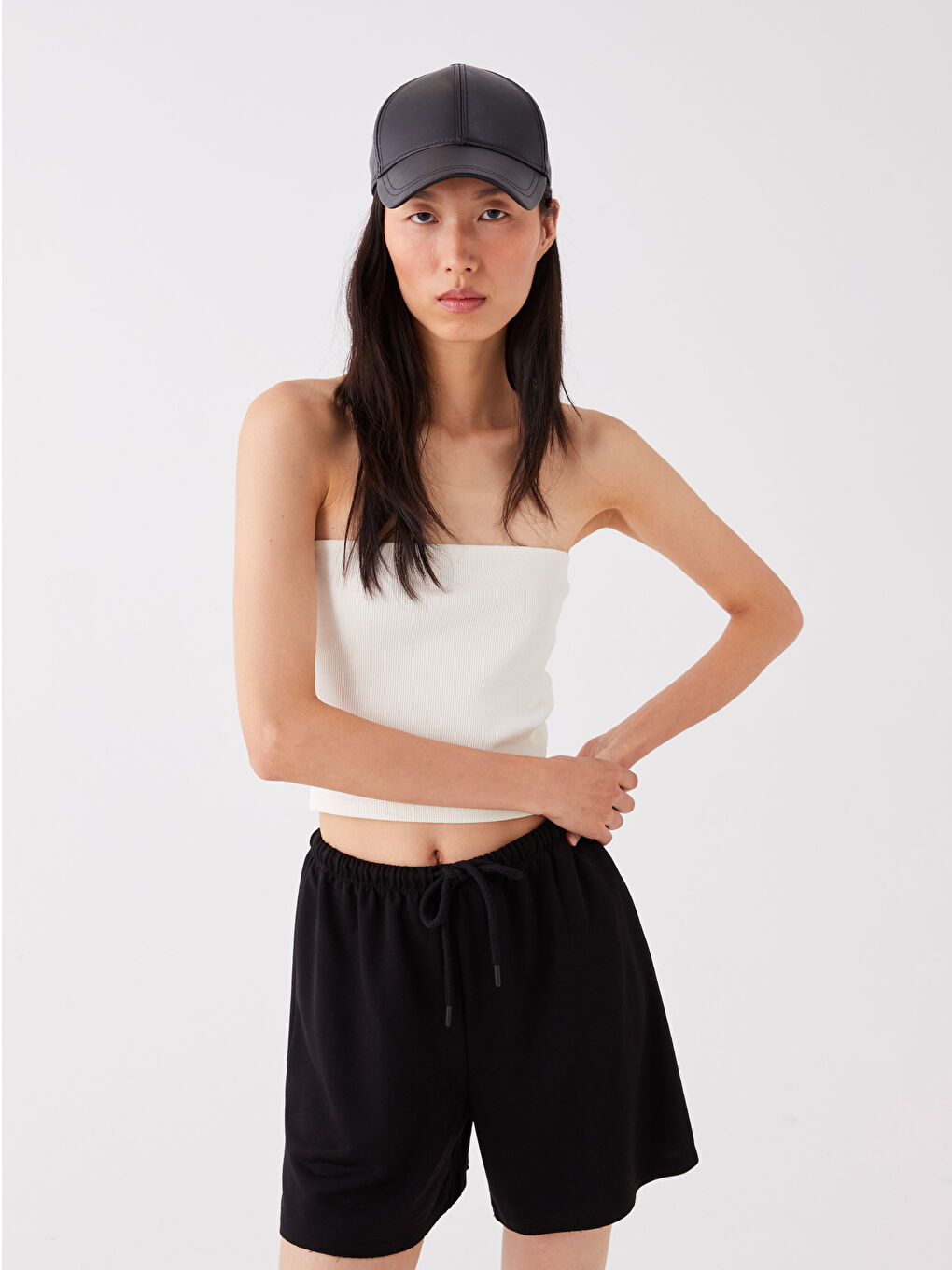 Ekru Straplez Düz Crop Kadın Bluz