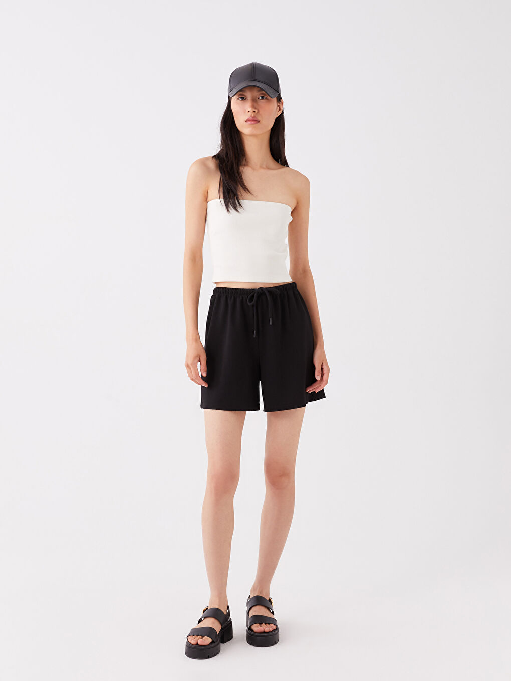 Ekru Straplez Düz Crop Kadın Bluz-2