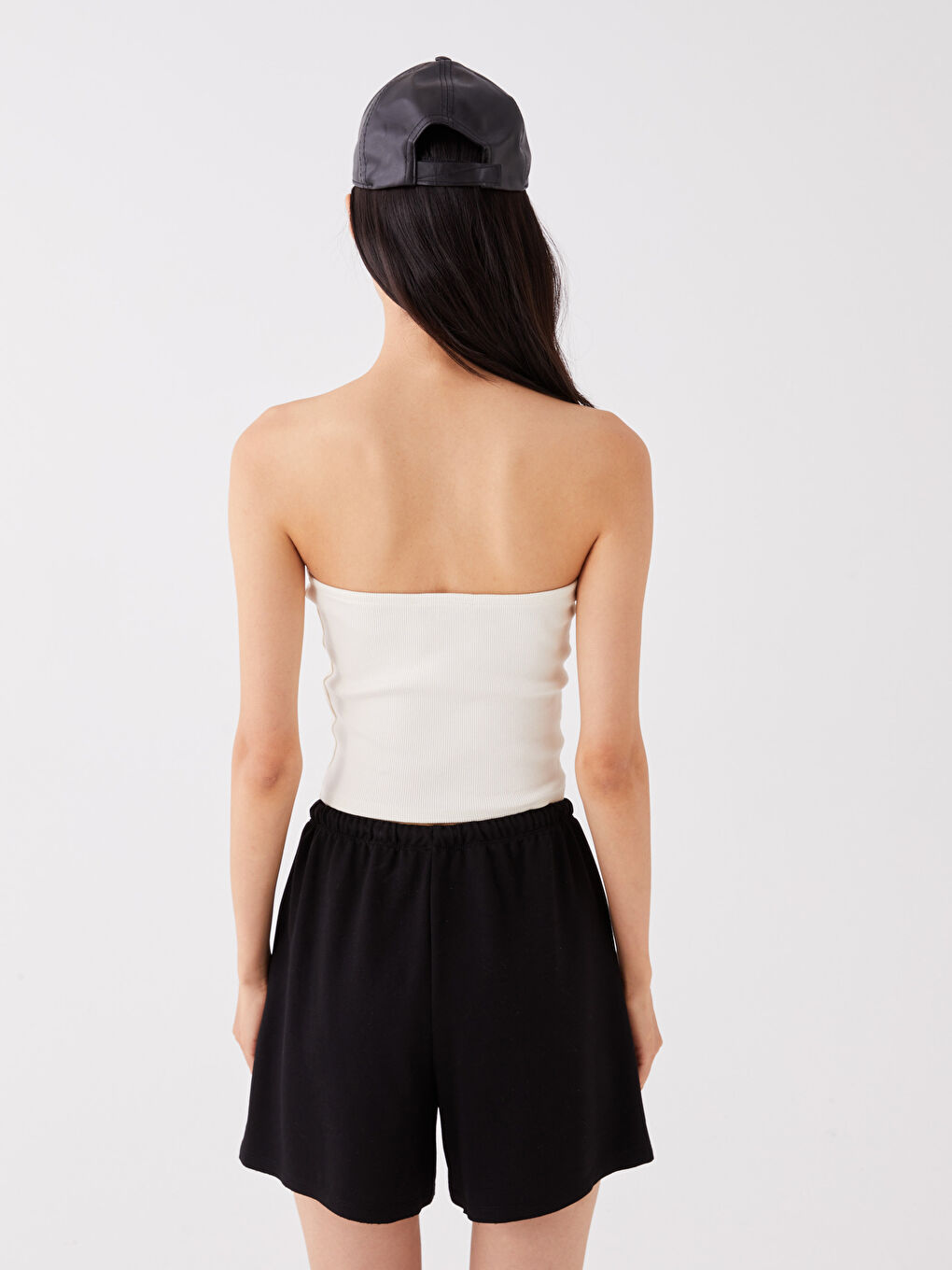 Ekru Straplez Düz Crop Kadın Bluz-4