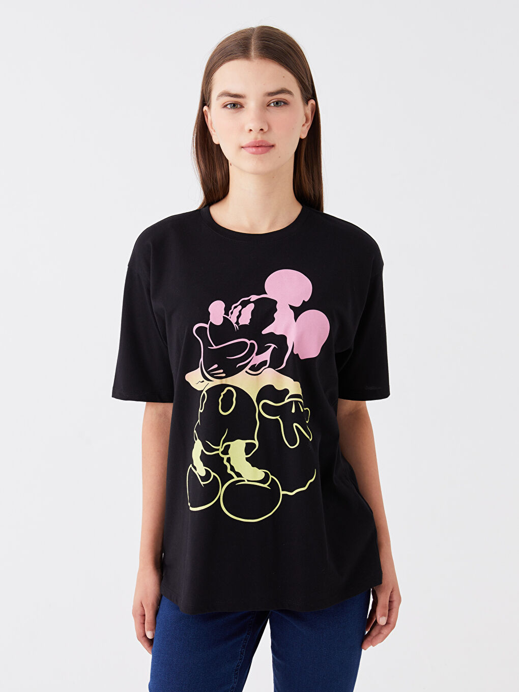 Siyah Bisiklet Yaka Mickey Mouse Baskılı Kısa Kollu Oversize Kadın Tişört