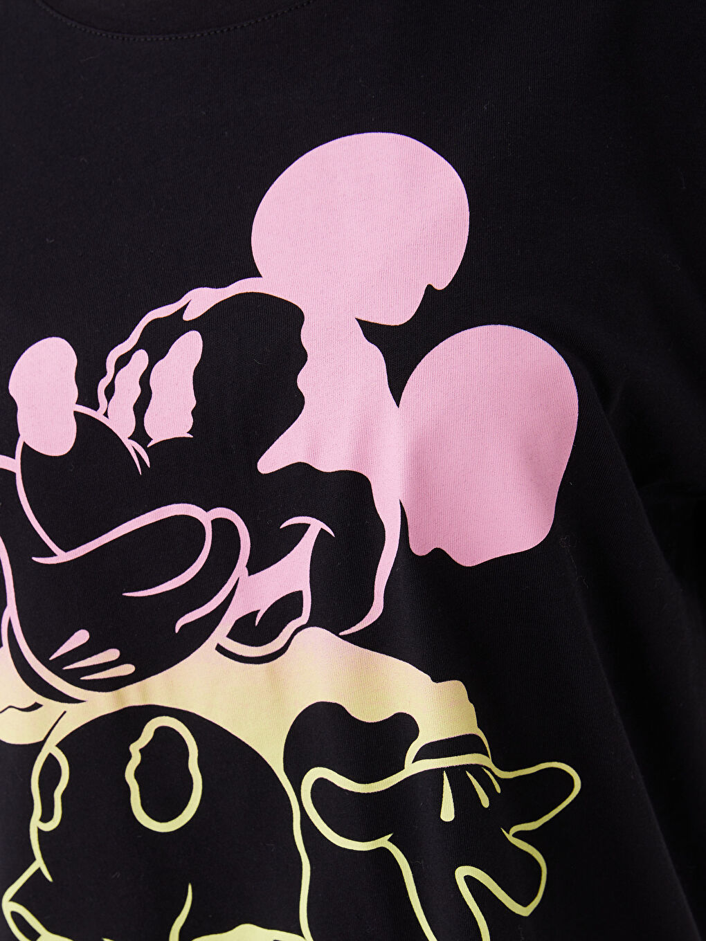 Siyah Bisiklet Yaka Mickey Mouse Baskılı Kısa Kollu Oversize Kadın Tişört-3