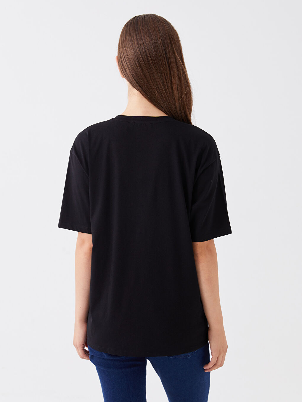 Siyah Bisiklet Yaka Mickey Mouse Baskılı Kısa Kollu Oversize Kadın Tişört-4