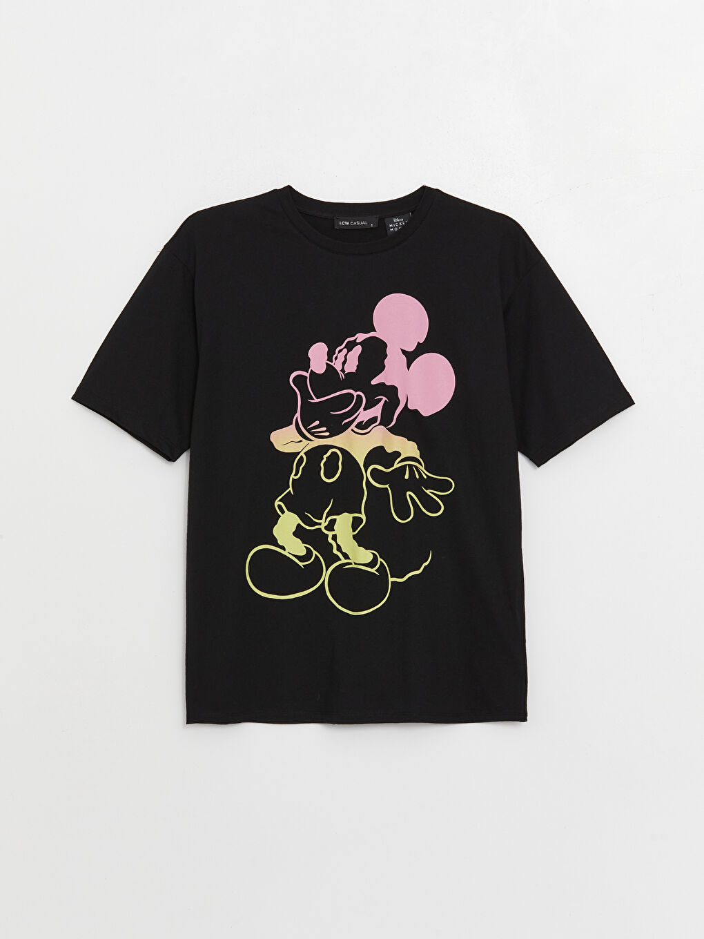 Siyah Bisiklet Yaka Mickey Mouse Baskılı Kısa Kollu Oversize Kadın Tişört-5