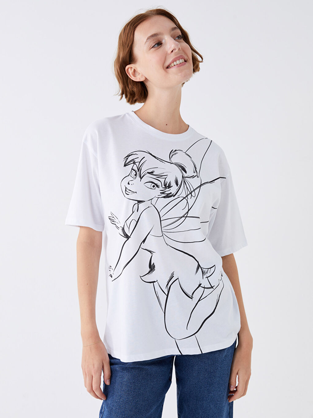 Beyaz Bisiklet Yaka Tinker Bell Baskılı Kısa Kollu Oversize Kadın Tişört