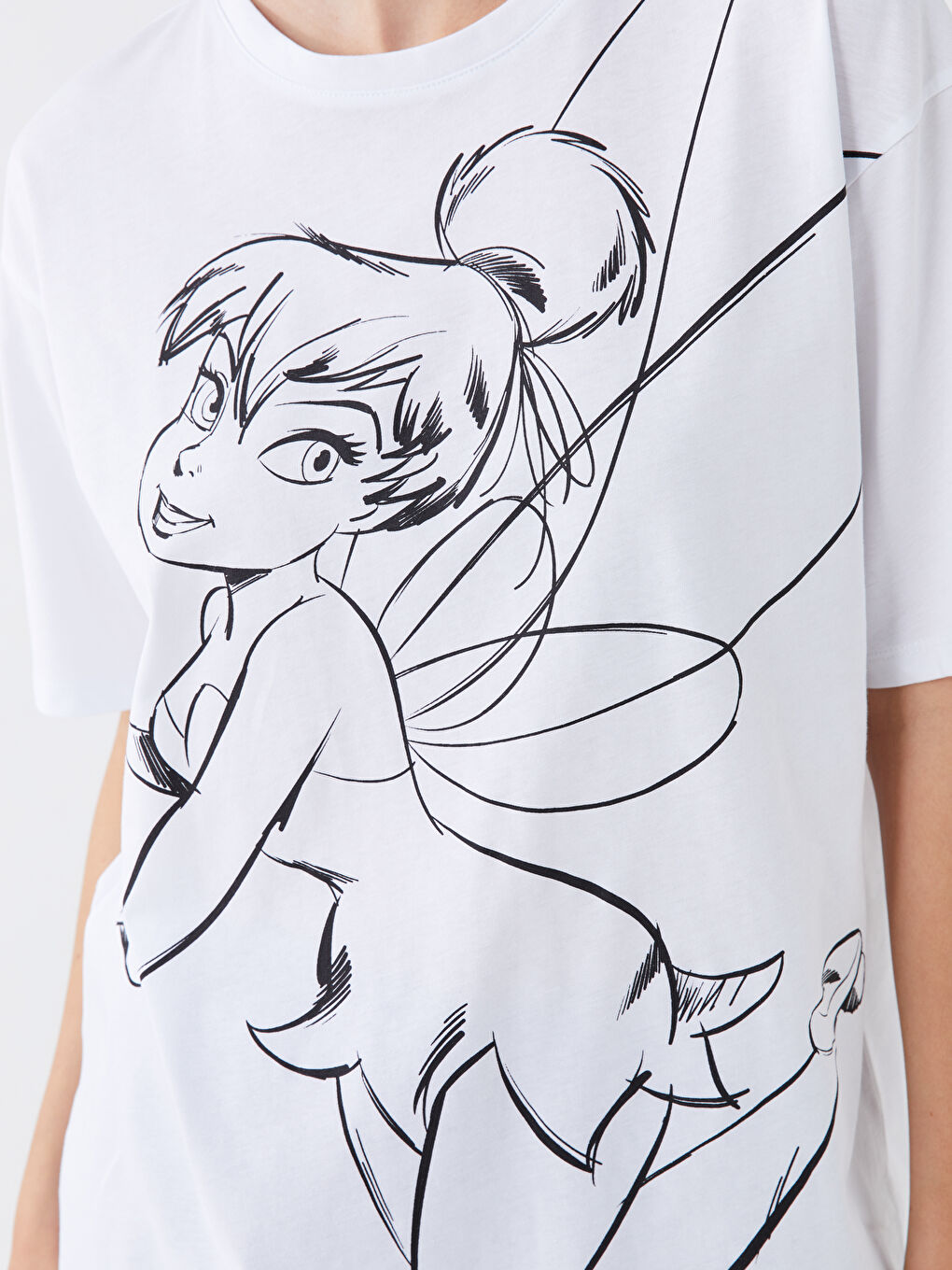 Beyaz Bisiklet Yaka Tinker Bell Baskılı Kısa Kollu Oversize Kadın Tişört-3