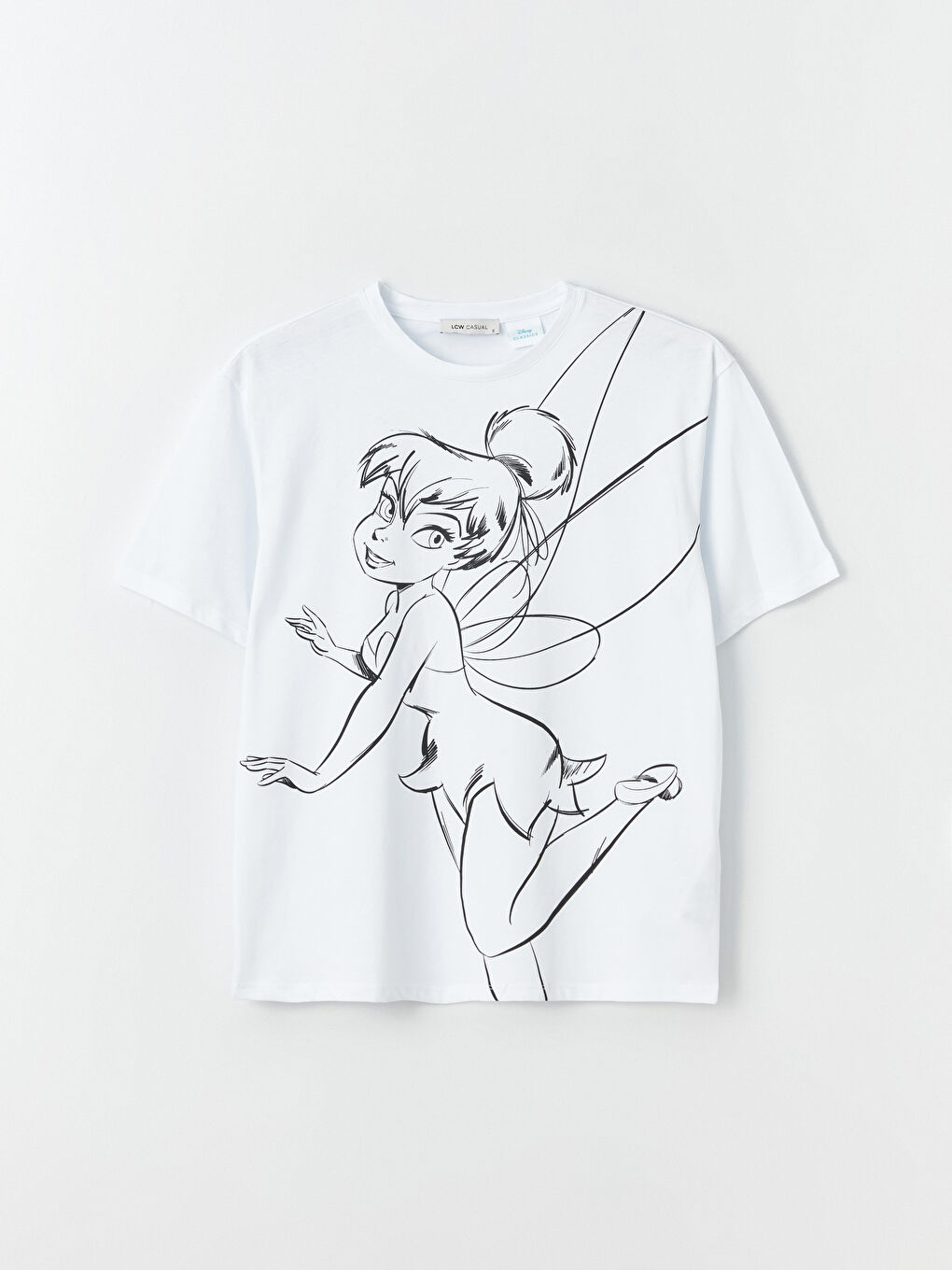 Beyaz Bisiklet Yaka Tinker Bell Baskılı Kısa Kollu Oversize Kadın Tişört-5