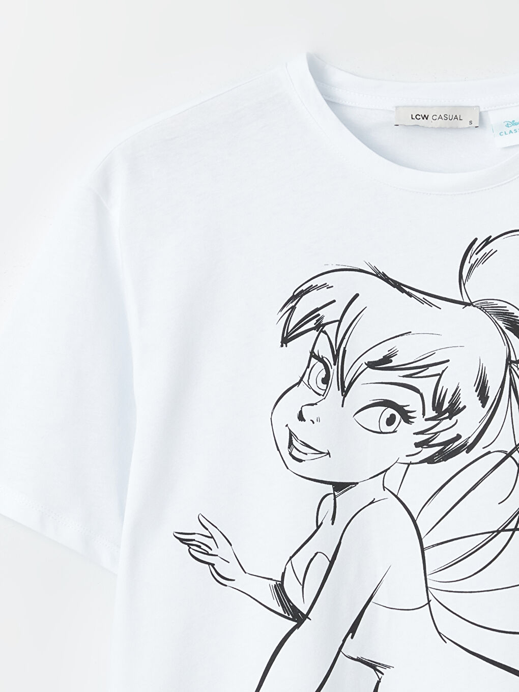 Beyaz Bisiklet Yaka Tinker Bell Baskılı Kısa Kollu Oversize Kadın Tişört-6