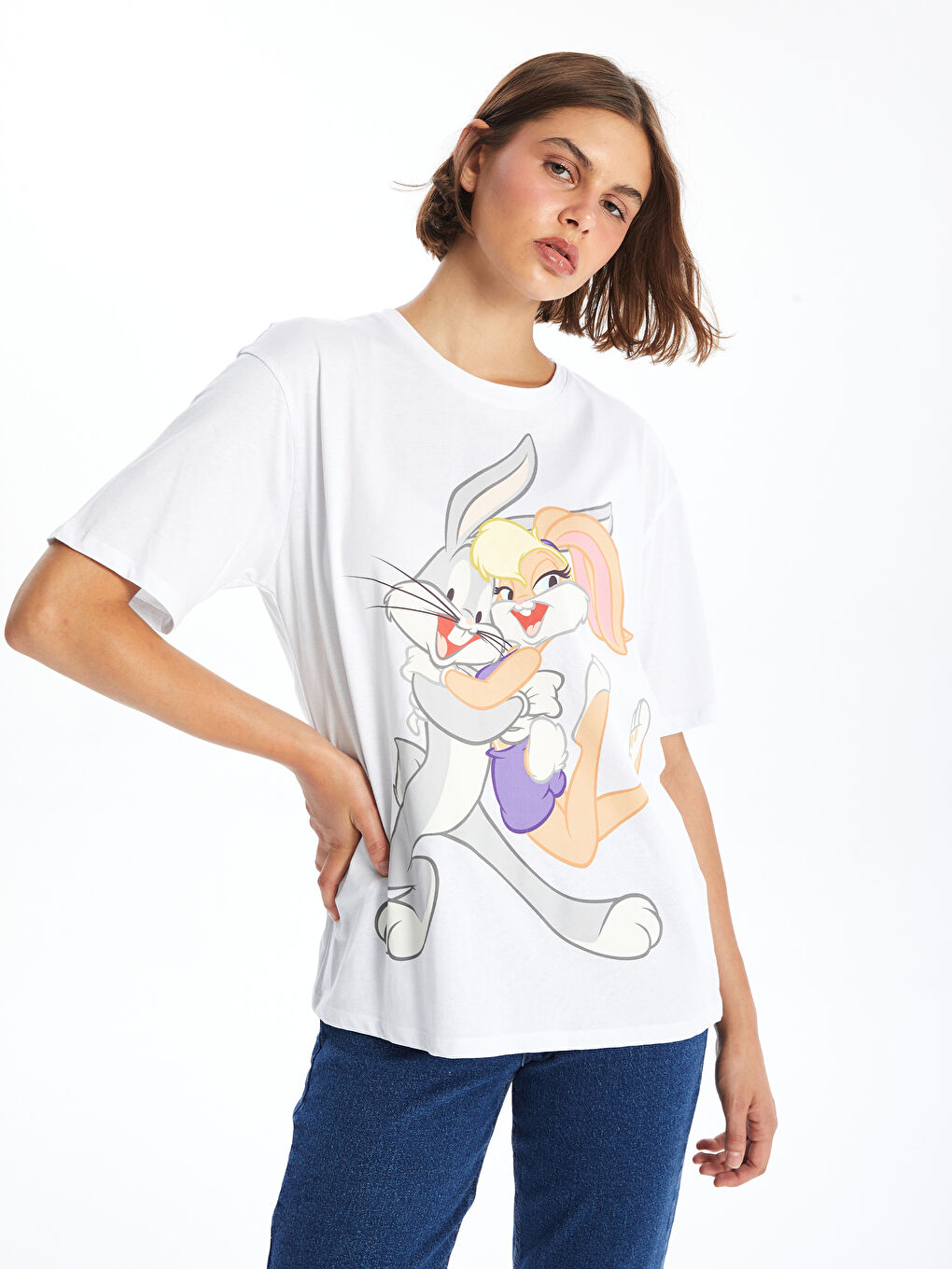 Crew Neck Bugs Bunny Printed Short Sleeve Oversize Women's T-Shirt -S3KV40Z8-Q6K