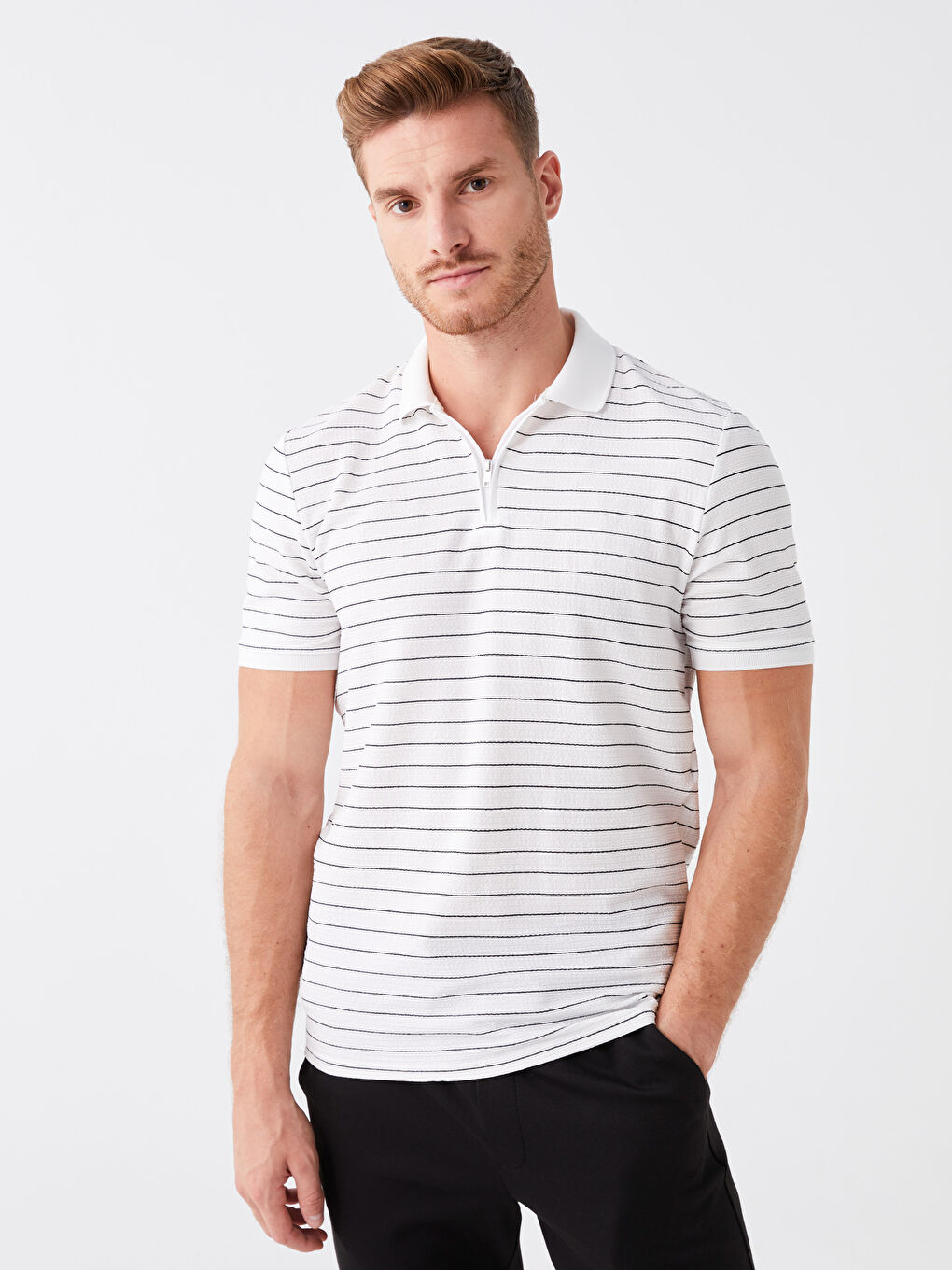 Ekru Polo Yaka Kısa Kollu Çizgili Erkek Tişört