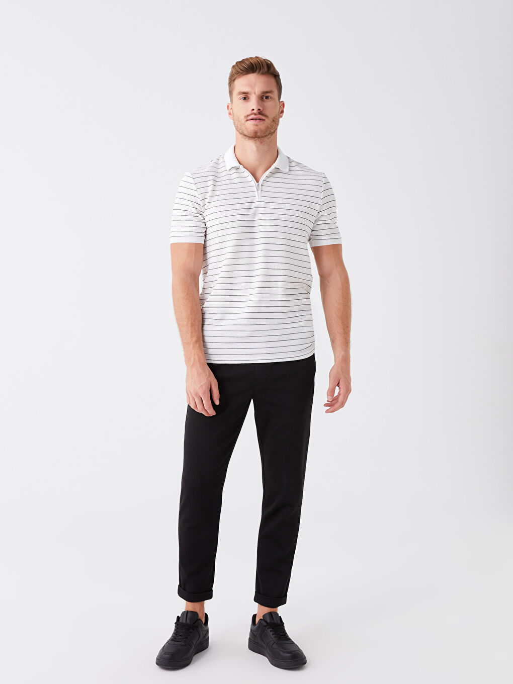 Ekru Polo Yaka Kısa Kollu Çizgili Erkek Tişört-2