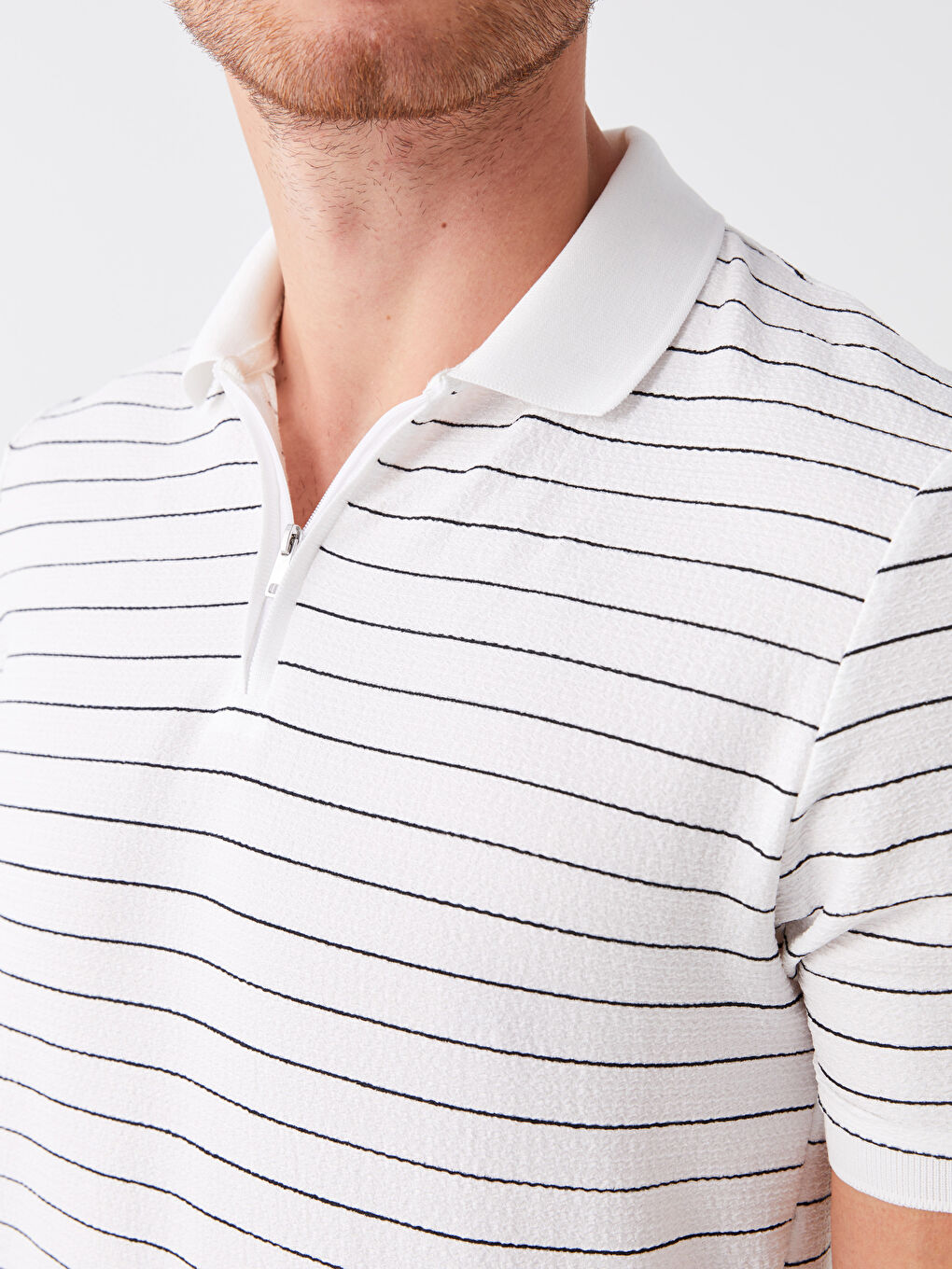 Ekru Polo Yaka Kısa Kollu Çizgili Erkek Tişört-3