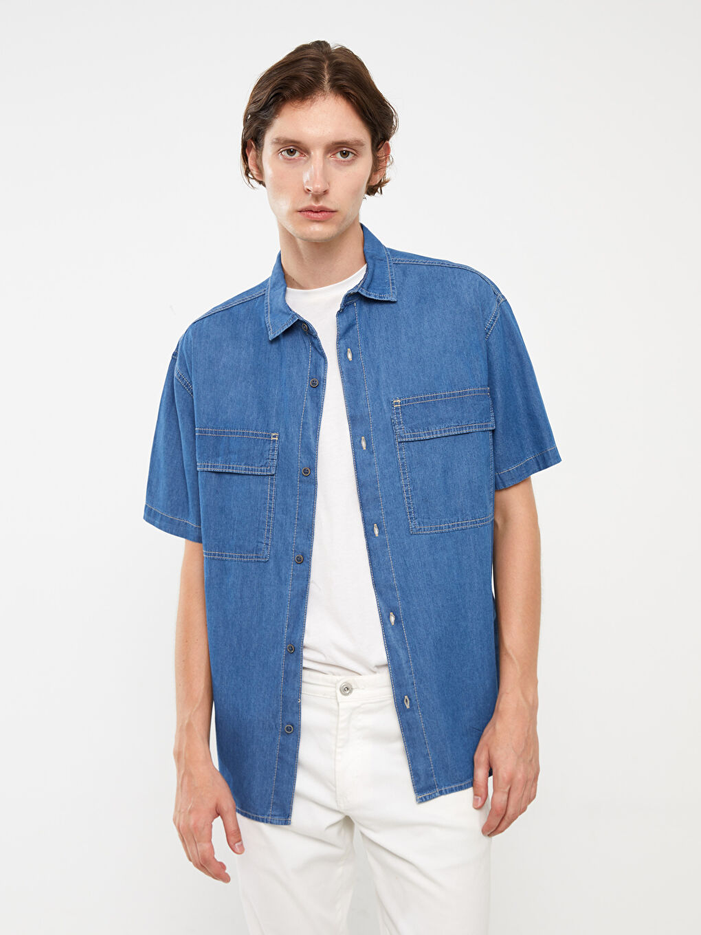 LCW Jeans Relaxed Fit Short Sleeve Men's Denim Shirt -S3KV61Z8-563