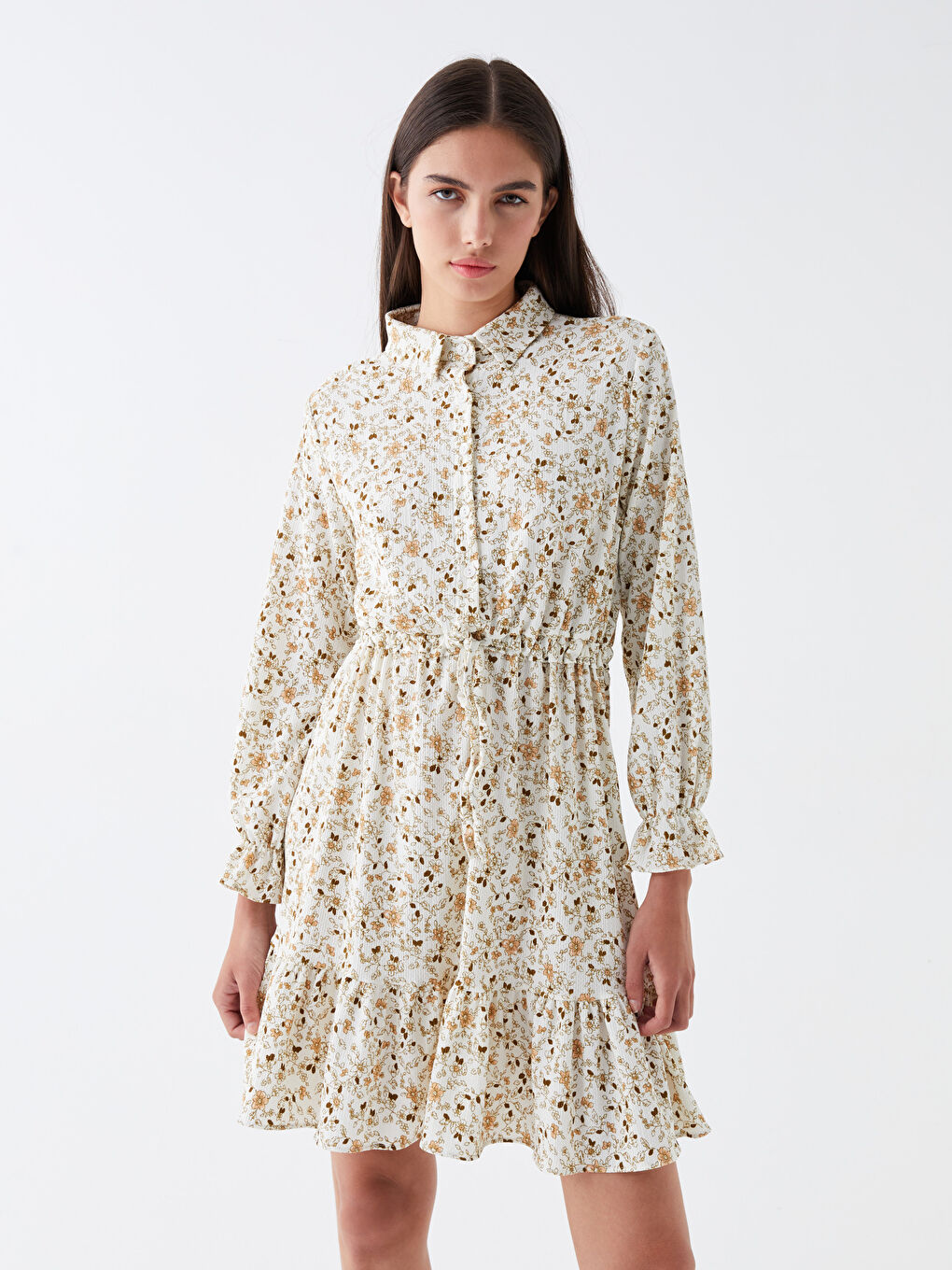 Ekru Gömlek Yaka Kadın Elbise