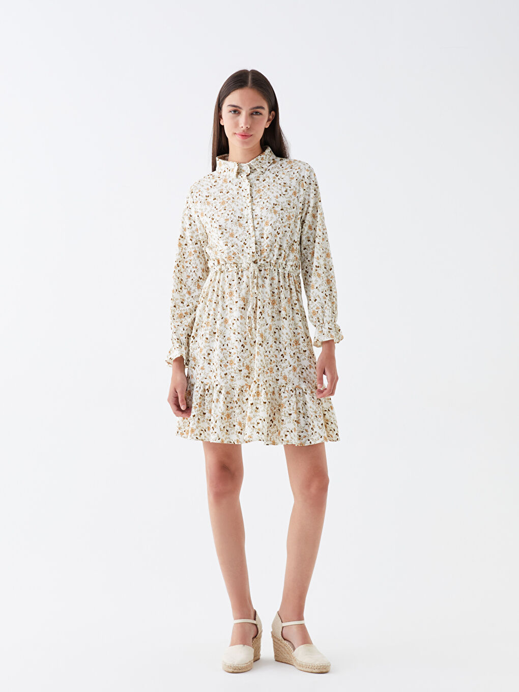 Ekru Gömlek Yaka Kadın Elbise-1