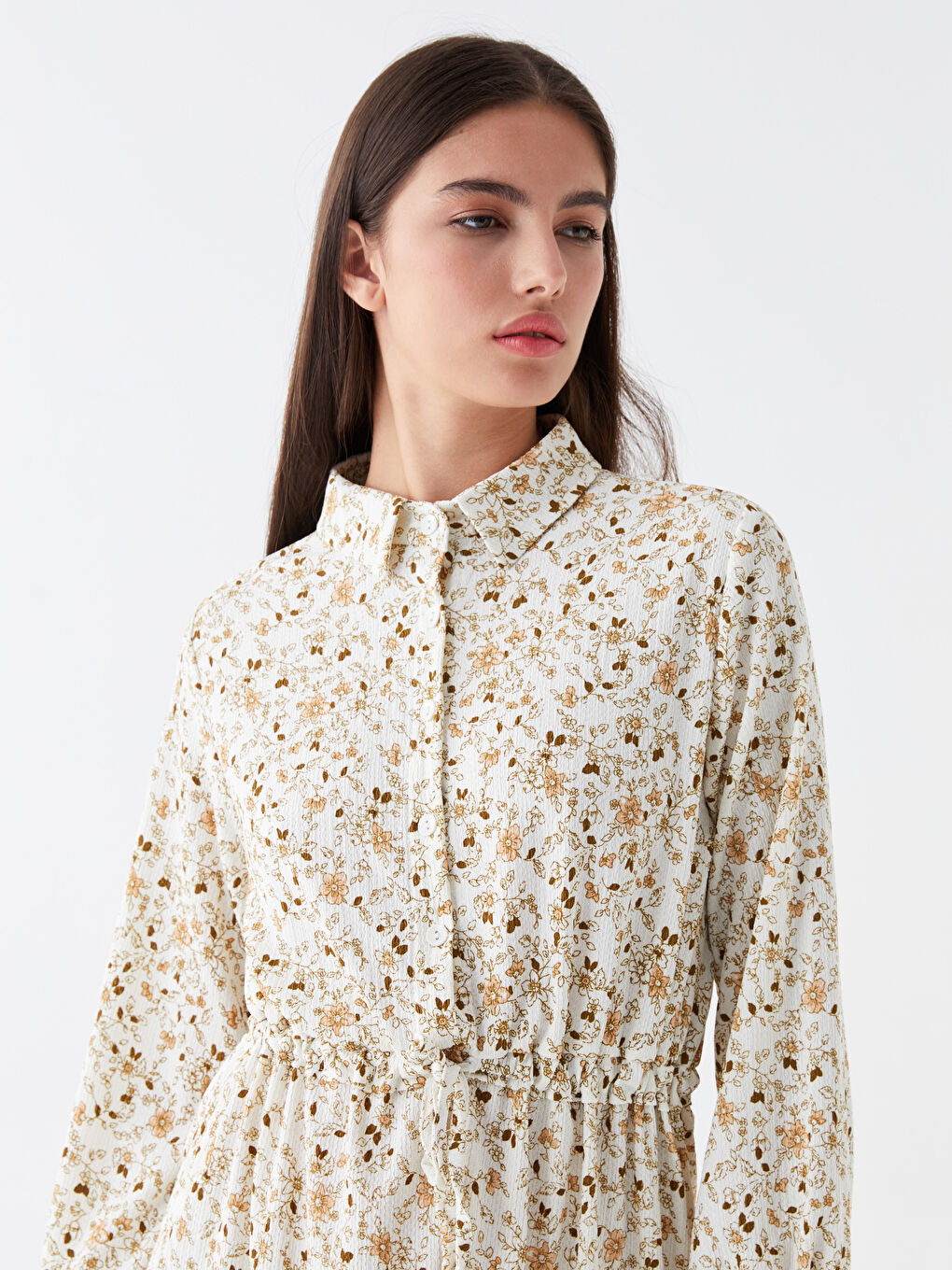 Ekru Gömlek Yaka Kadın Elbise-2