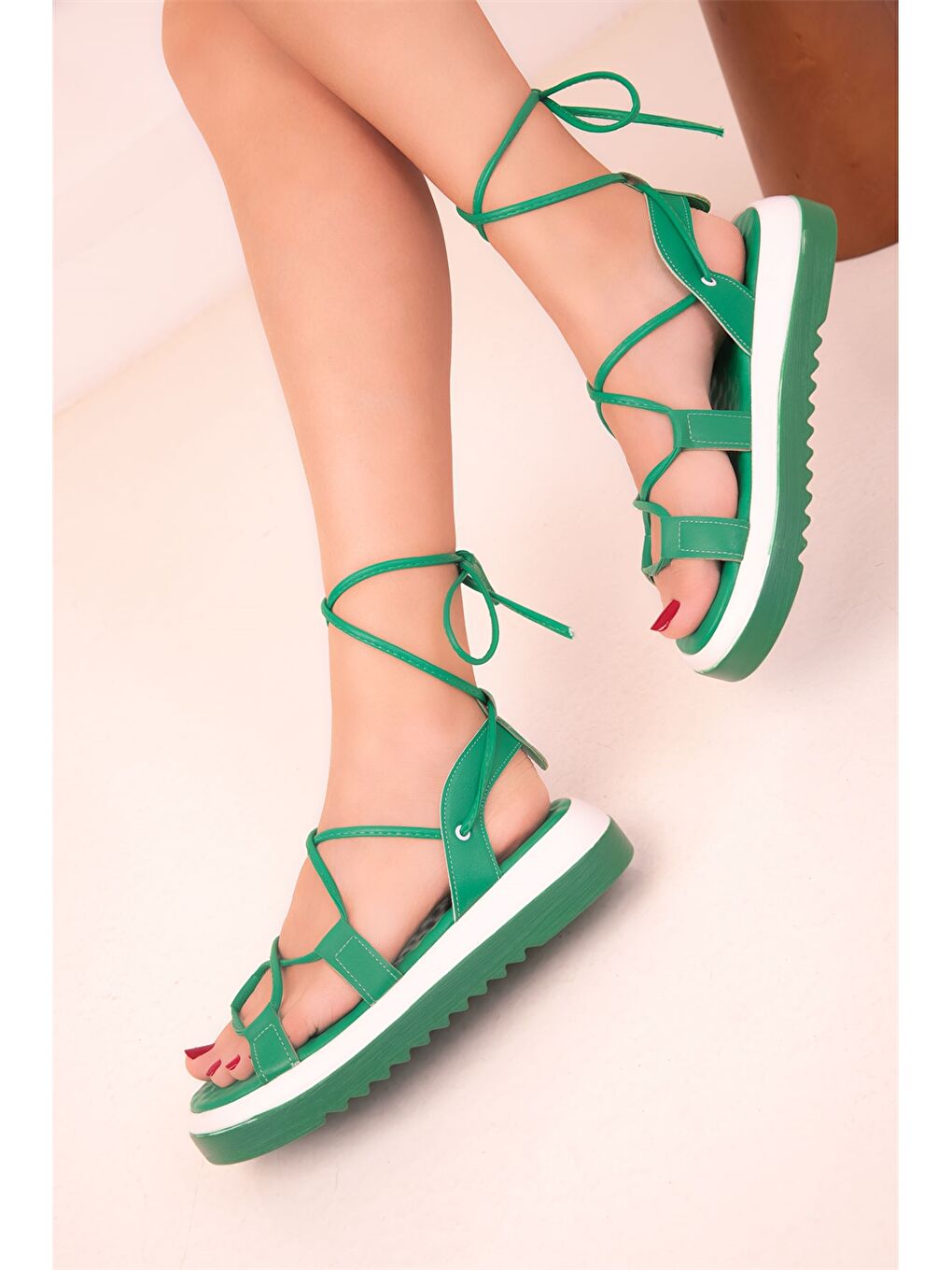 Yeşil Deri Görünümlü Önü Açık Kadın Sandalet-2